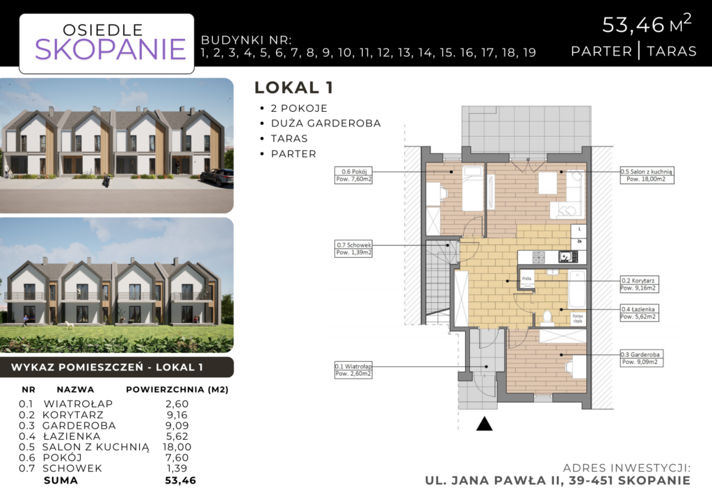 Karta mieszkania Lokal 1 53,46m² parter z tarasem Osiedle Skopanie Baranów Sandomierski