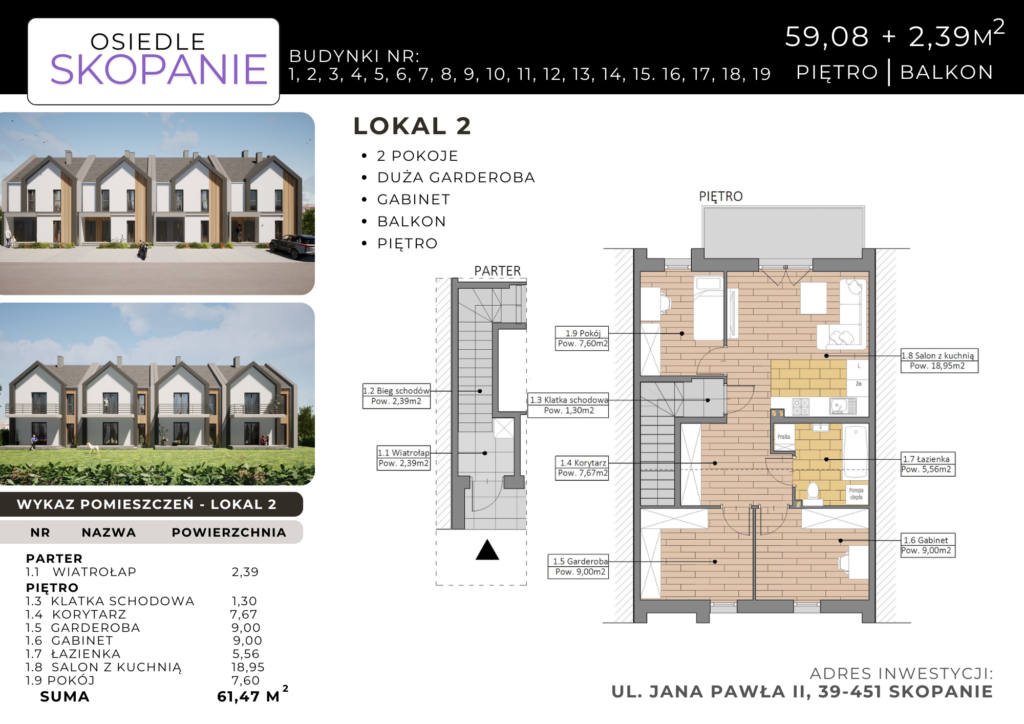 Karta mieszkania Lokal 2 59,08m² piętro z balkonem 2,39m² Osiedle Skopanie Baranów Sandomierski