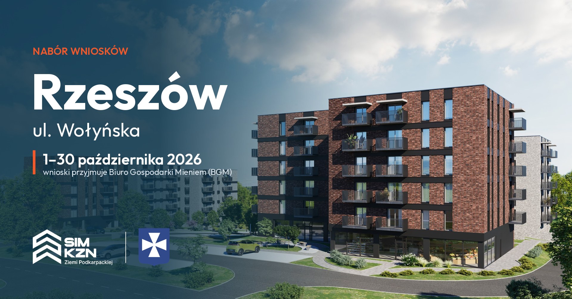 Wizualizacja osiedla SIM przy ul. Wołyńskiej w Rzeszowie z informacją o naborze wniosków od 1 do 30 października 2026, wnioski przyjmuje Biuro Gospodarki Mieniem